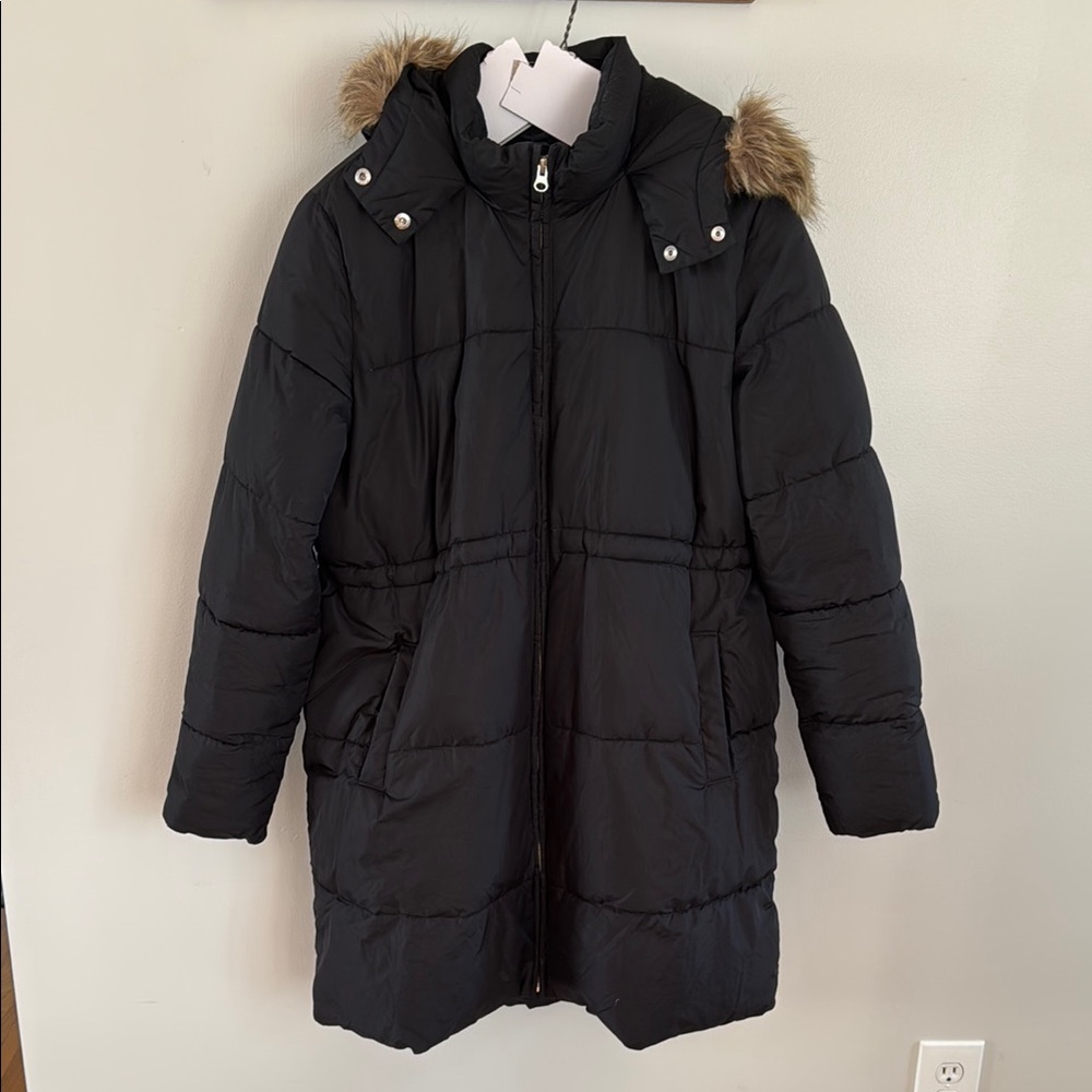 Black Maternity Puffer Coat with Faux Fur Hood